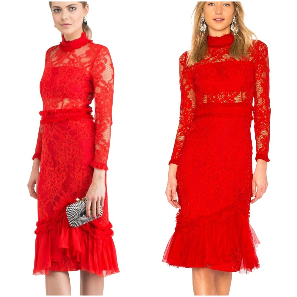 Alexis Anabella Lace Midi Dress in red size XS sheer panels long sleeve 0 2